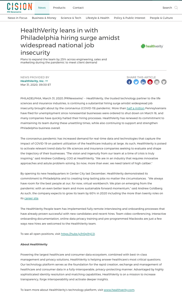 HealthVerity leans in with Philadelphia hiring surge amidst widespread national job insecurity